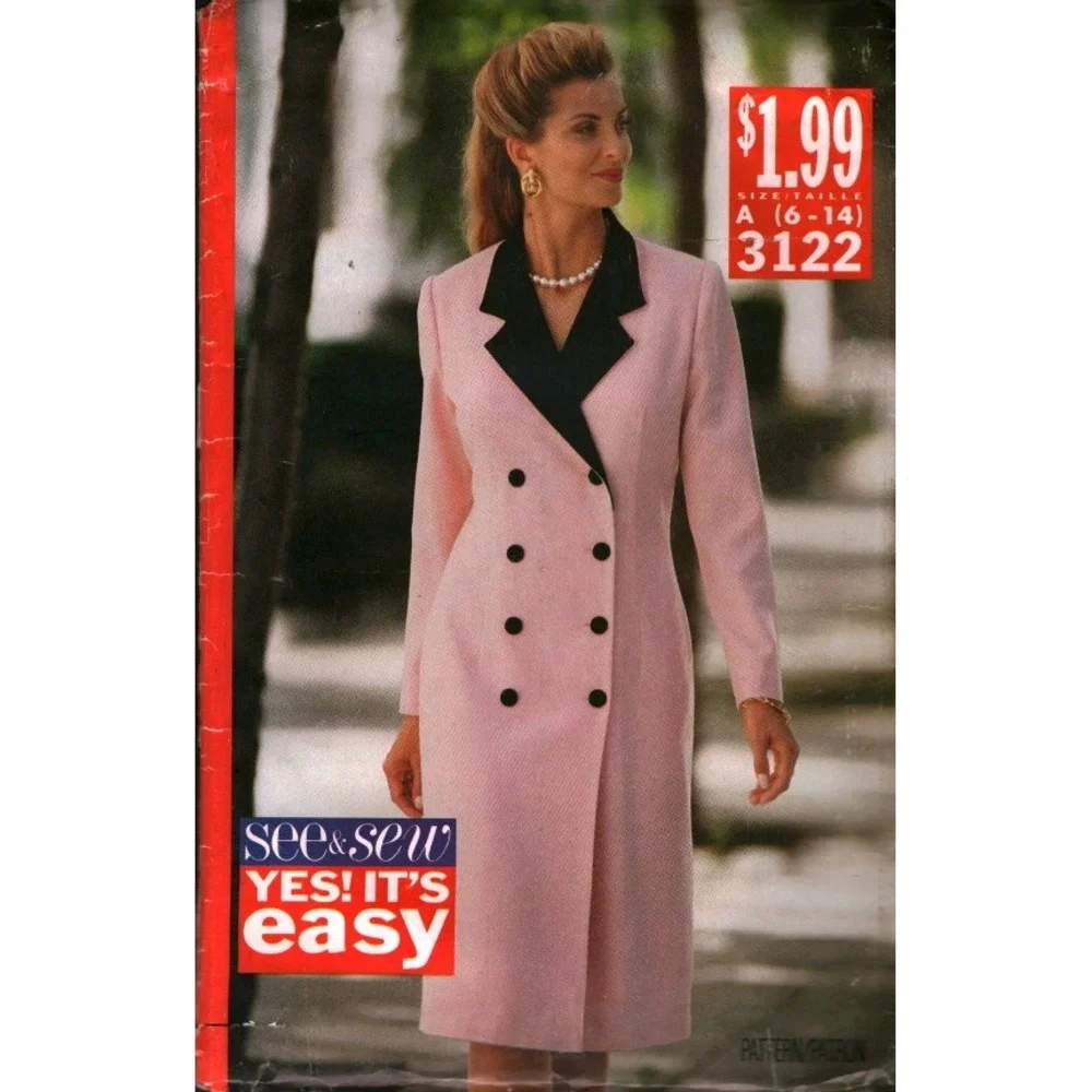 Vintage 1993 See &‎ Sew Butterick 3122 Double Breasted Dress Pattern Sz 6-10 CUT